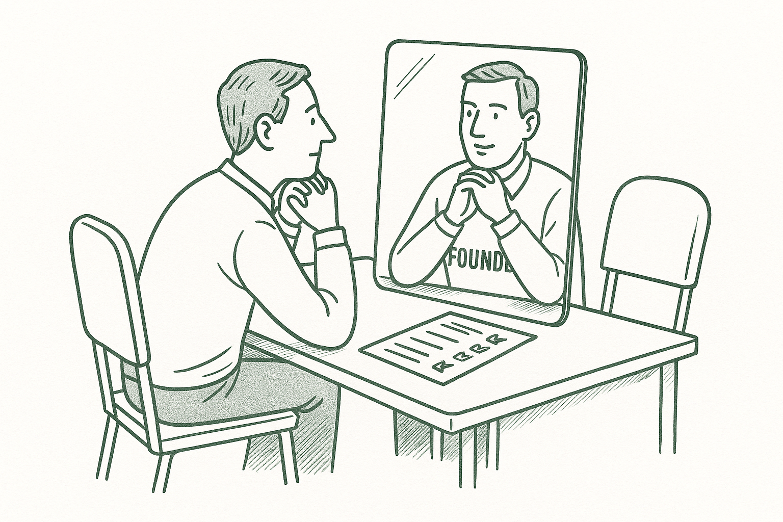 A founder at a desk facing a mirror reflecting a peer sitting across from them, with a checklist on the desk — editorial pen illustration in sage green ink