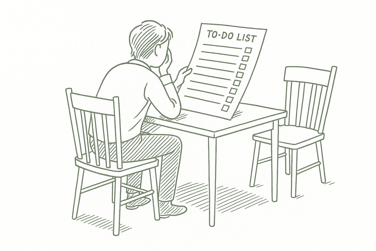 A lone figure at a desk with an unchecked to-do list
