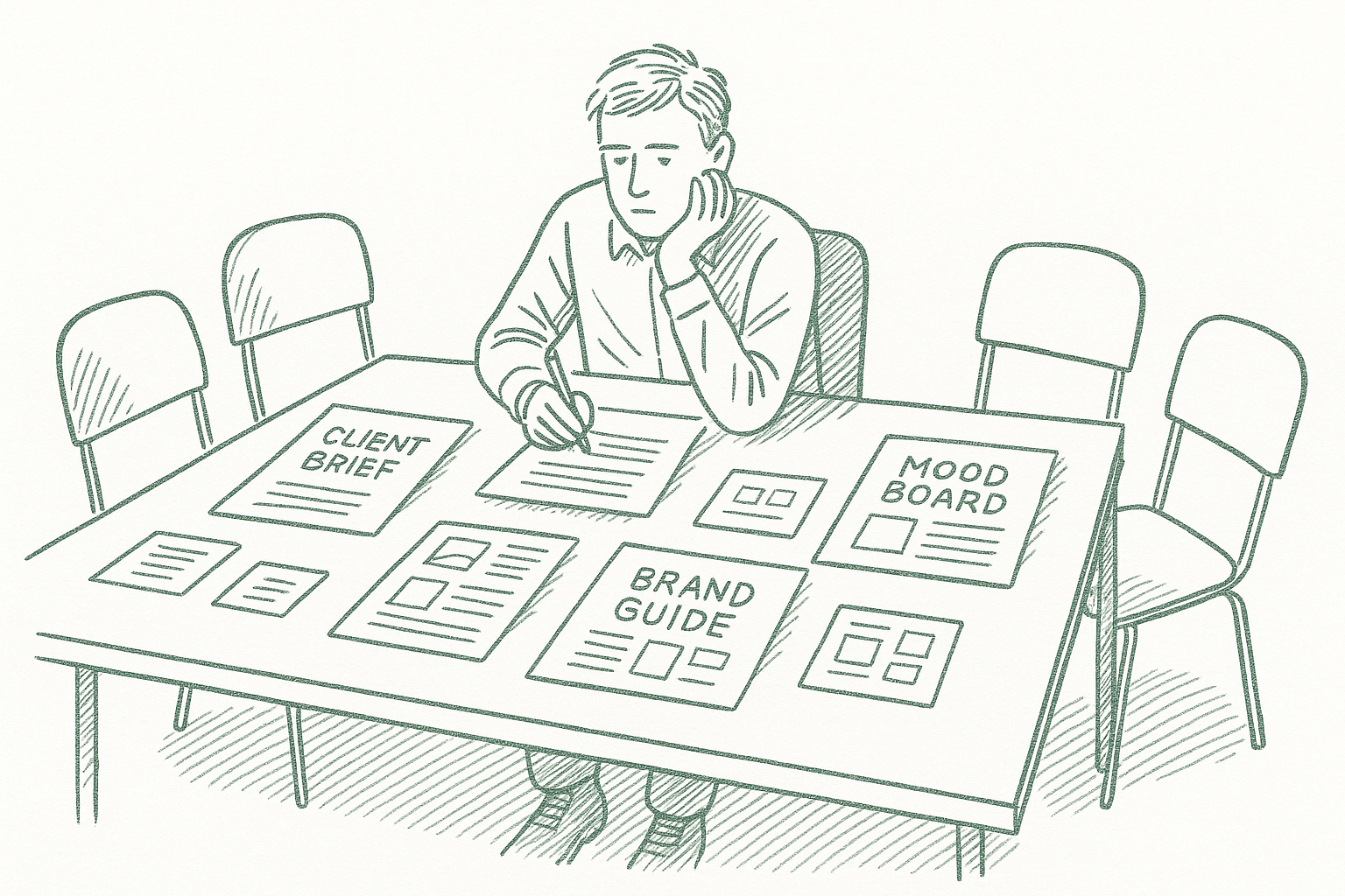 An agency owner alone at a desk covered in client work