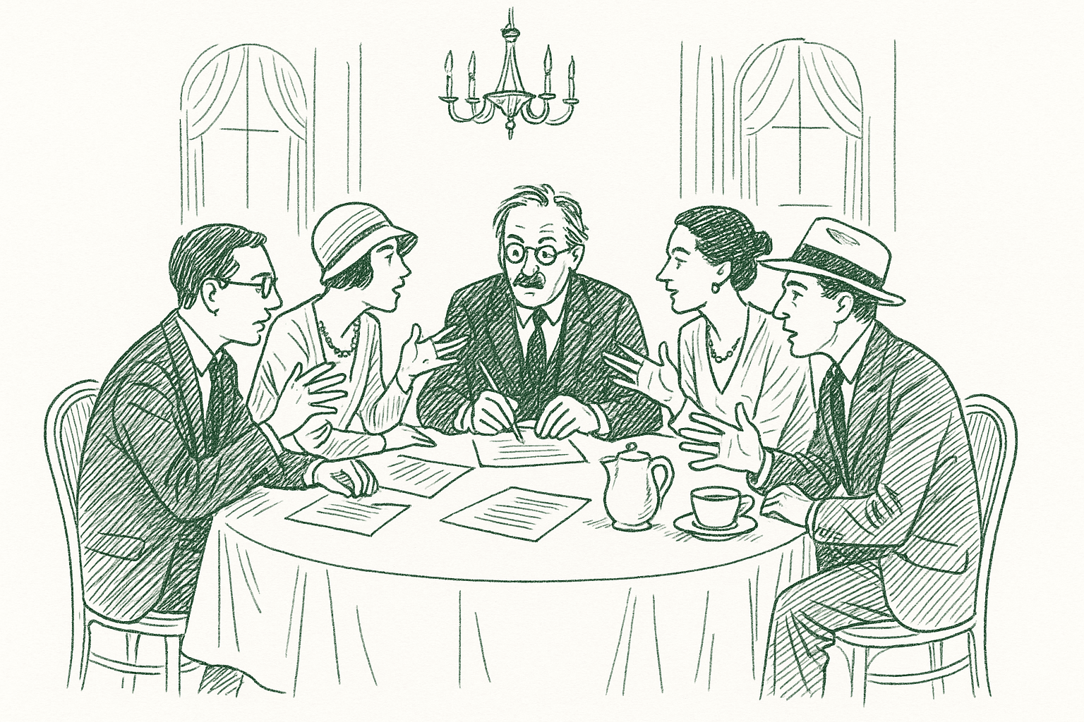 A small group of 1920s writers in animated conversation around a round table in an elegant hotel dining room — editorial pen illustration