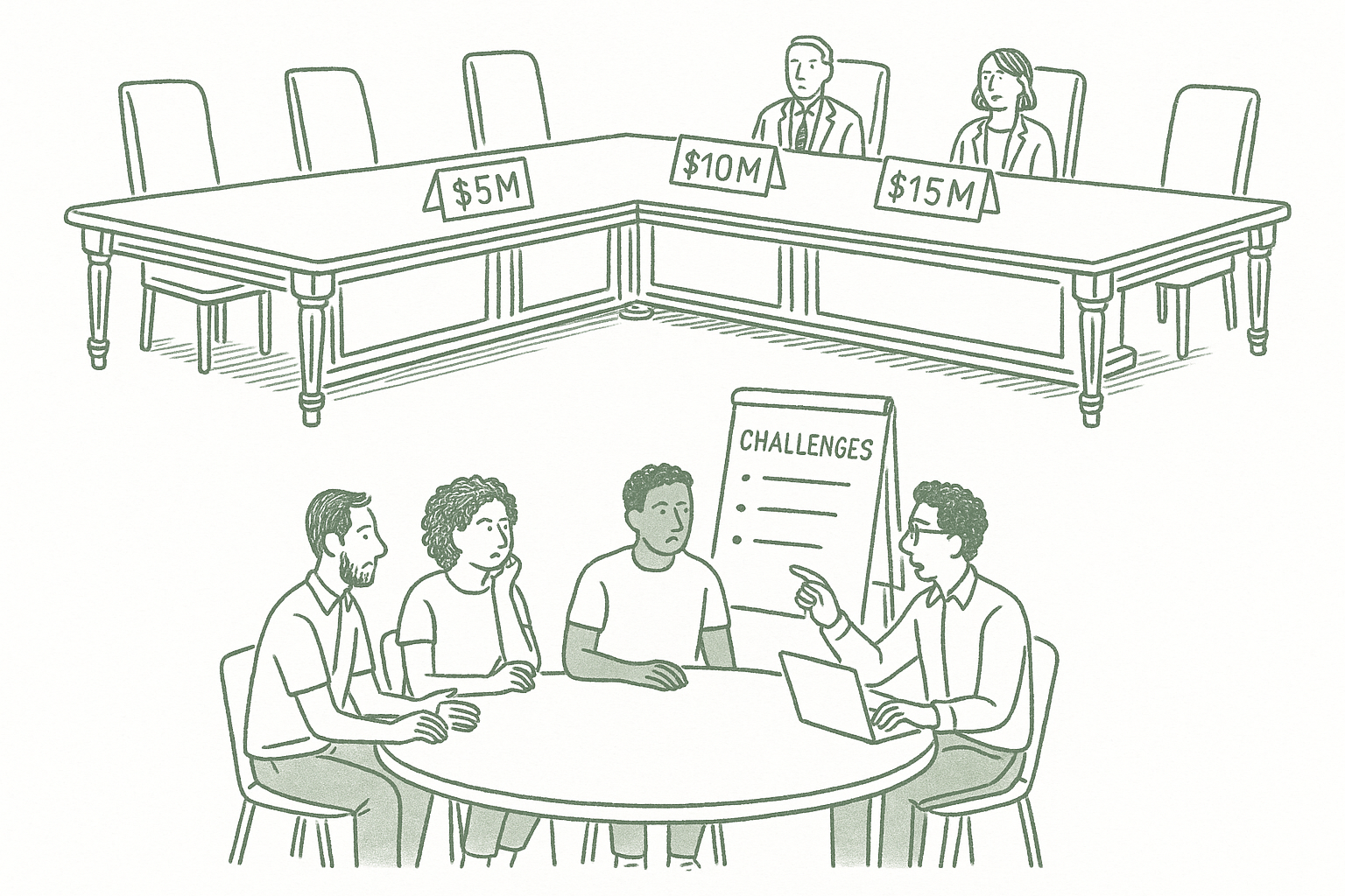 A contrast between a formal boardroom with revenue bracket name placards and a simpler round table where founders problem-solve together — editorial pen illustration in sage green ink