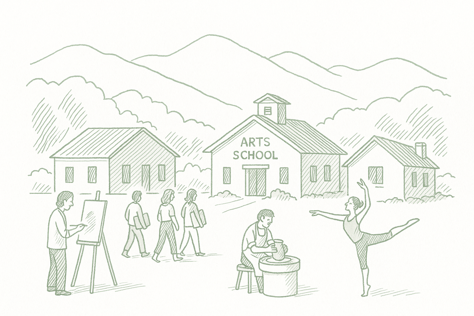 A small arts school nestled in mountains with artists and students gathered outside carrying canvases and working together — editorial pen illustration in sage green ink