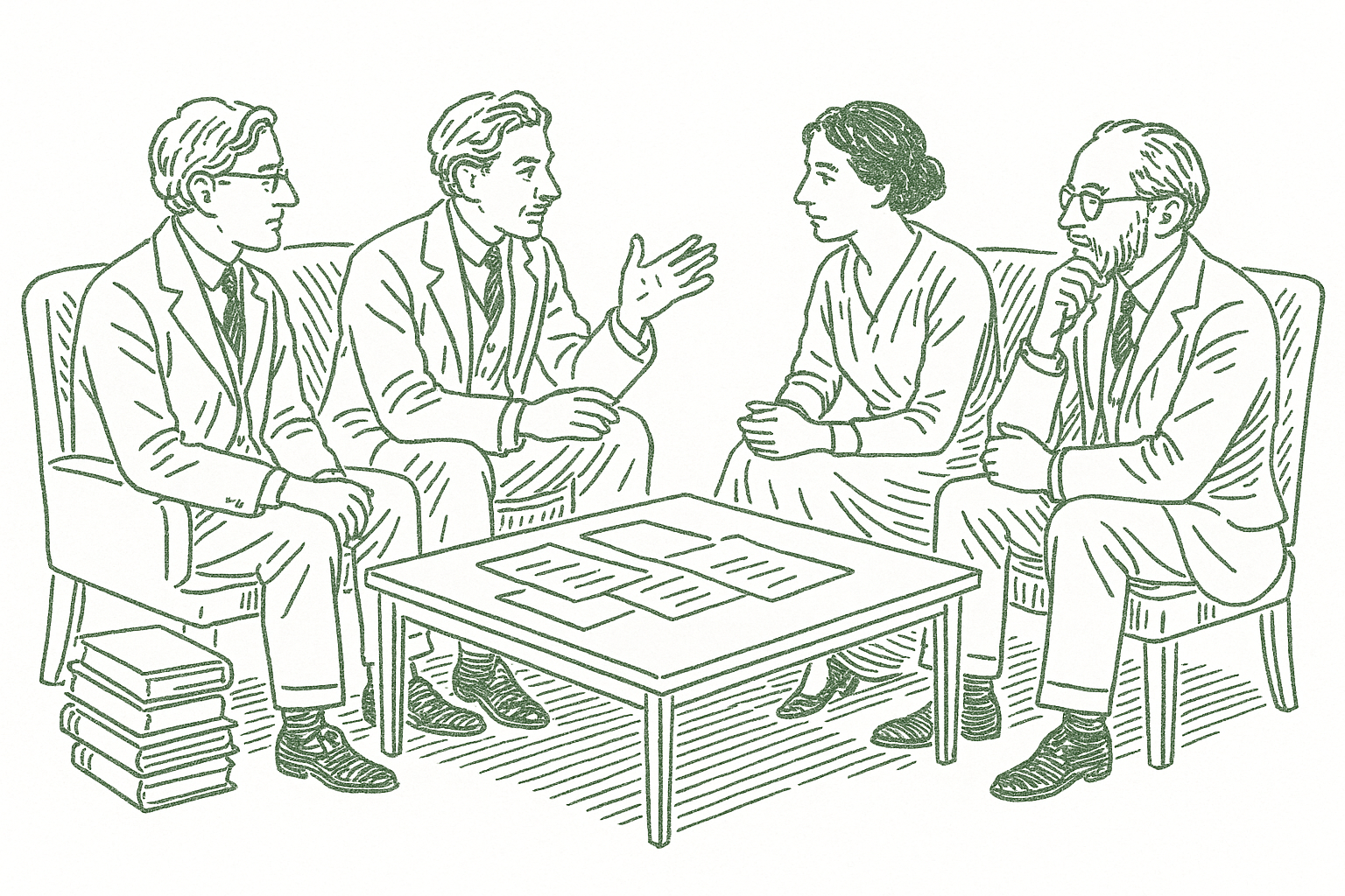 A small intimate gathering of intellectuals in early 20th century London — pen illustration style