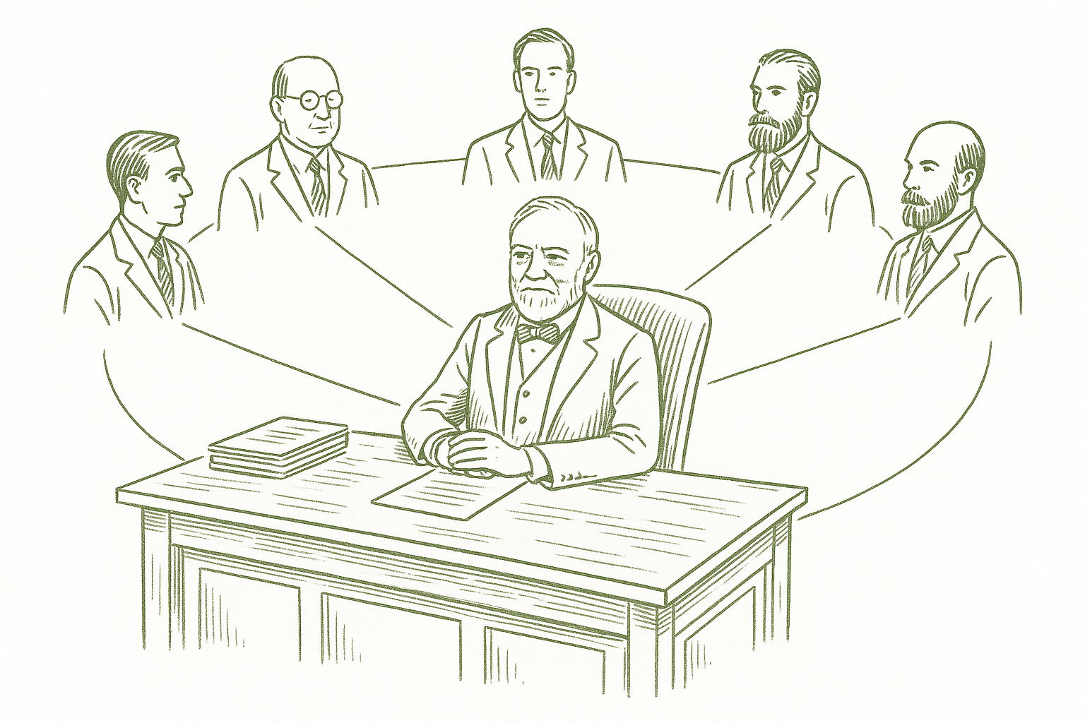 Andrew Carnegie at his desk surrounded by a circle of close business associates connected by fine lines