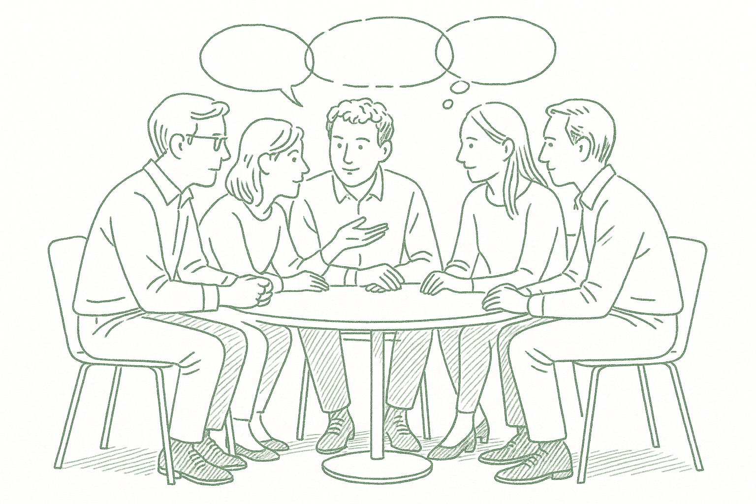 Five people seated equally around a small round table, each contributing to the conversation with connecting lines between them suggesting shared ideas, rendered in sage green pen strokes in the style of a newspaper editorial illustration