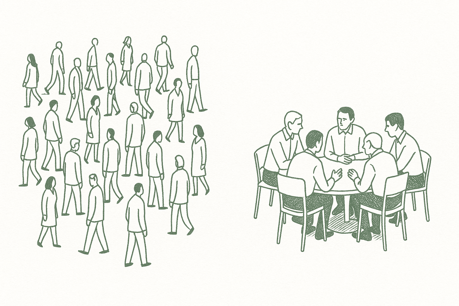 Two contrasting scenes: a large scattered crowd of disconnected figures on one side, and a small tight circle of five people in deep focused conversation on the other