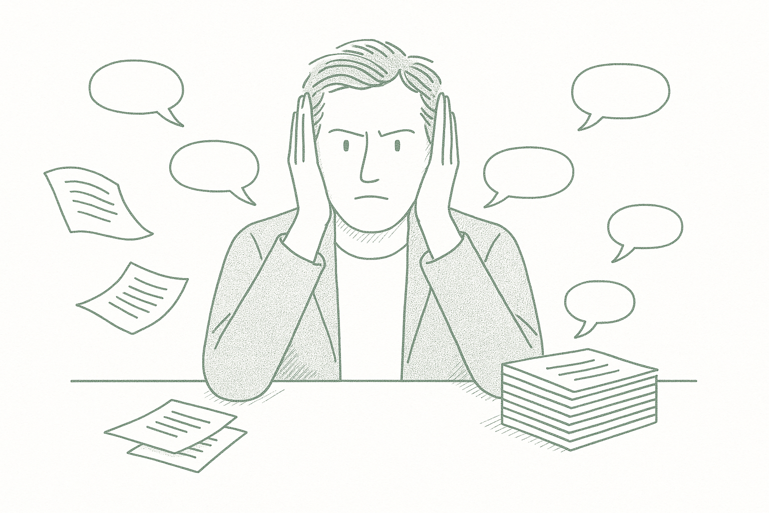 A founder figure filtering speech bubbles, letting through only confirming ones while disconfirming ones drift away, rendered in sage green pen strokes