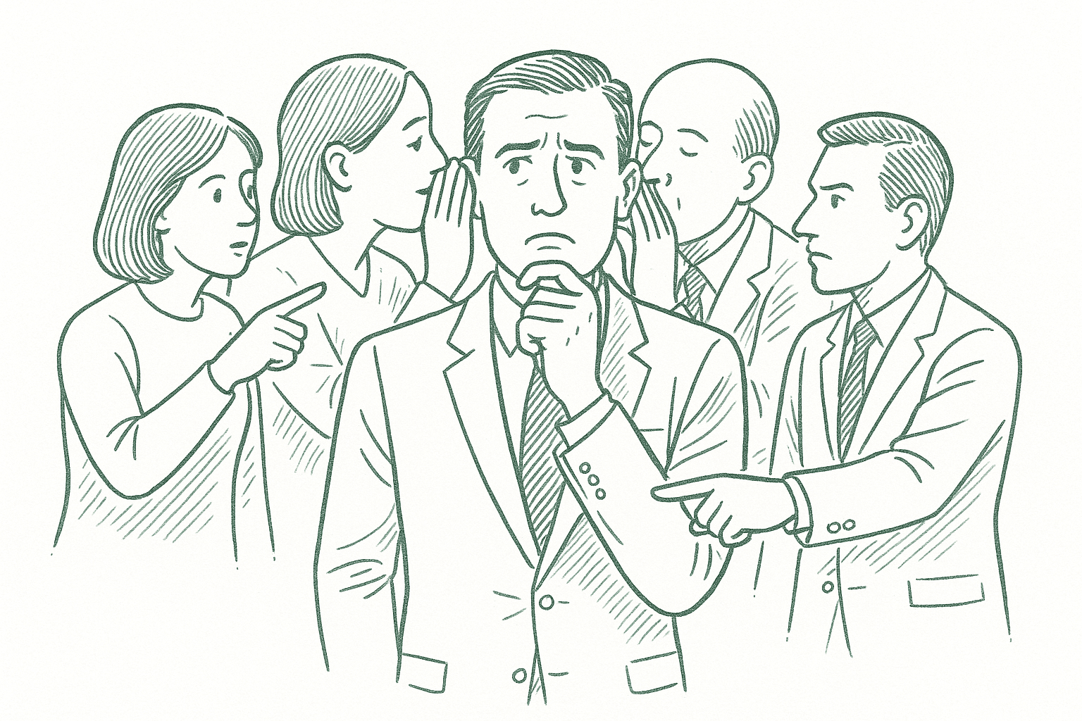 A businessman surrounded by advisors pointing in different directions — editorial pen illustration