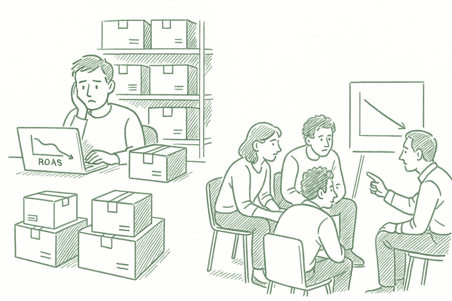 An ecommerce founder at a warehouse desk contrasted with a small group in discussion