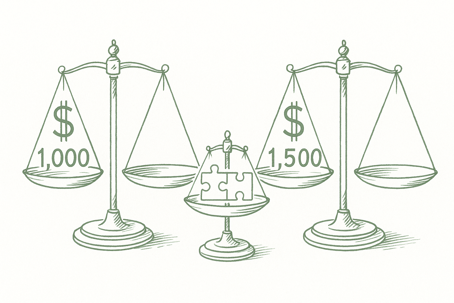 Two balance scales holding revenue figures side by side, with a third smaller scale holding puzzle pieces that fit together — editorial pen illustration in sage green ink