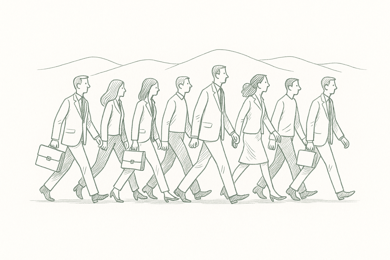 Eight figures walking together in formation, pen illustration style