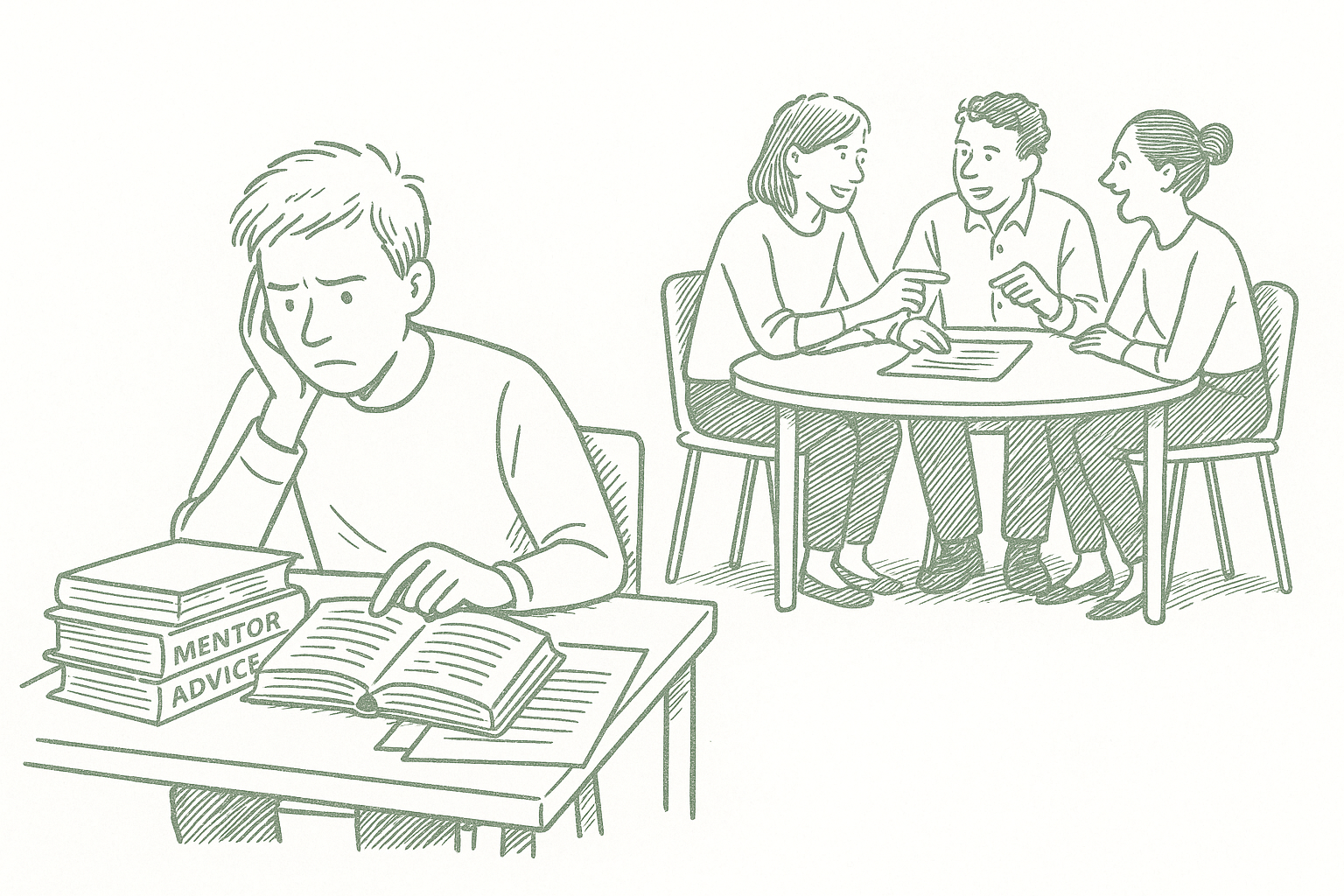 A first-time founder alone with a mentor's advice versus a small peer group in active discussion