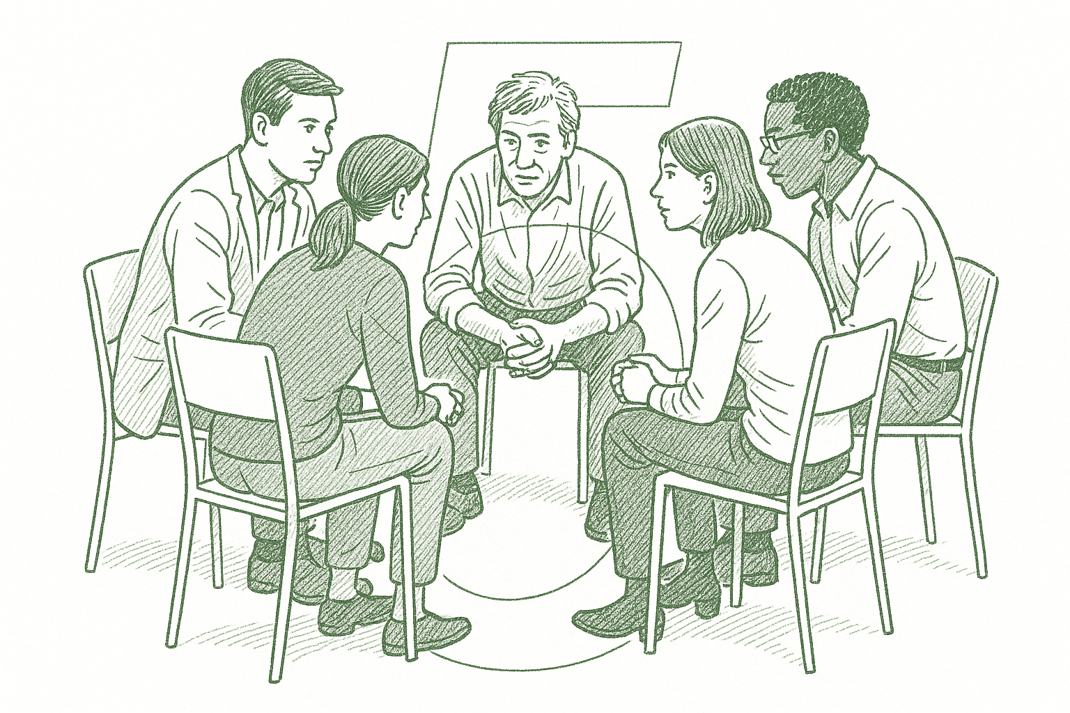 Five people seated in a tight circle in focused conversation — the optimal group for honest peer exchange