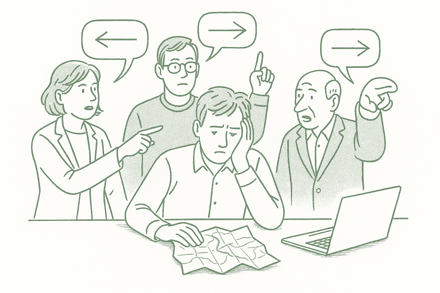 A founder at a desk receiving contradicting advice arrows from multiple advisors — editorial pen illustration in sage green ink