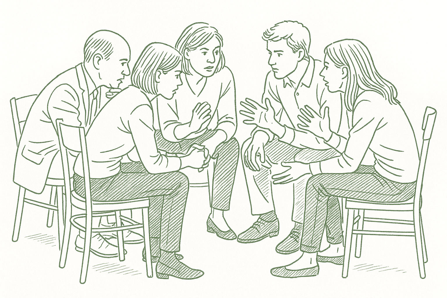 A small group of five people seated in a close circle, deeply absorbed in synchronized conversation — editorial pen illustration in sage green ink