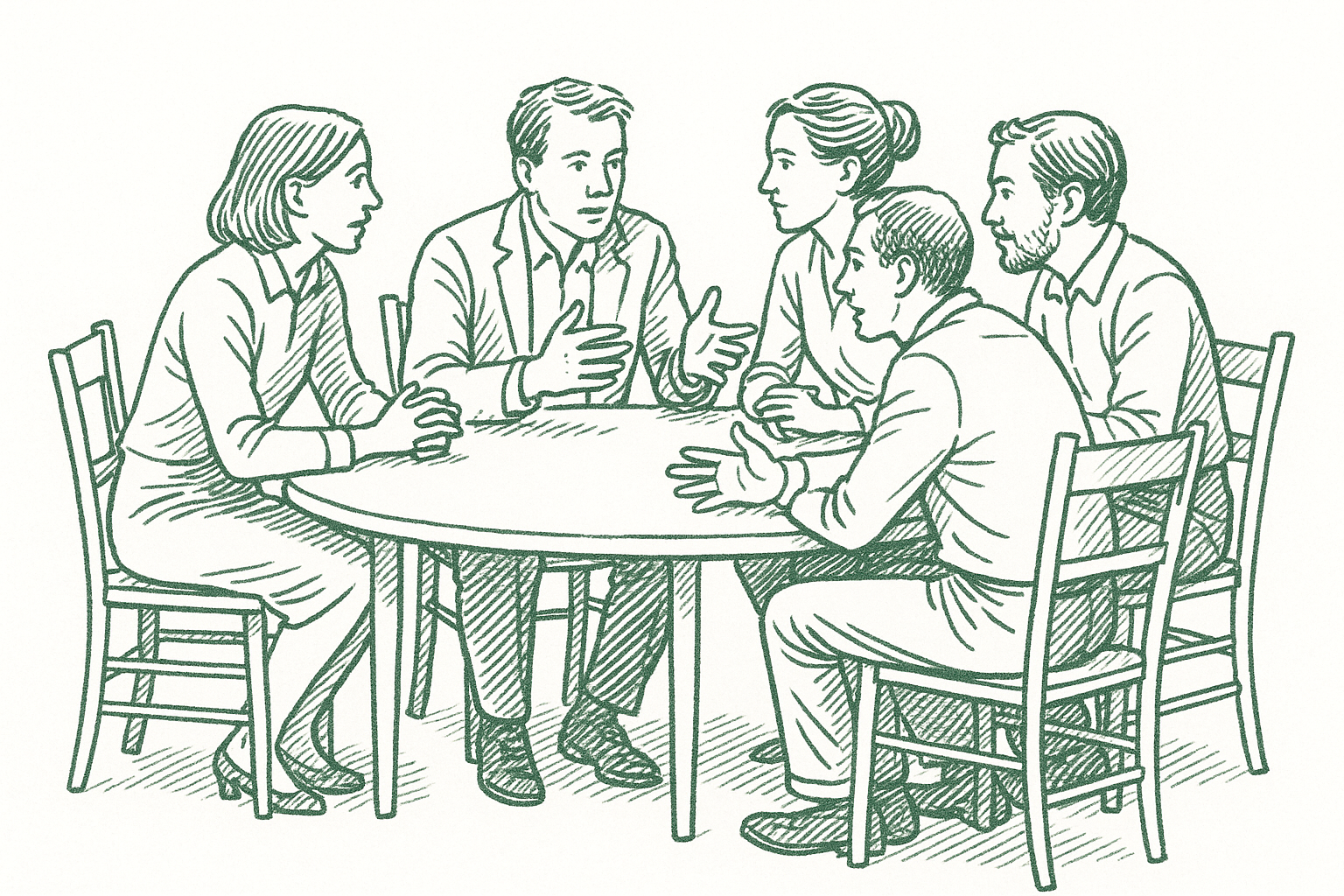 A small group seated around a table in discussion