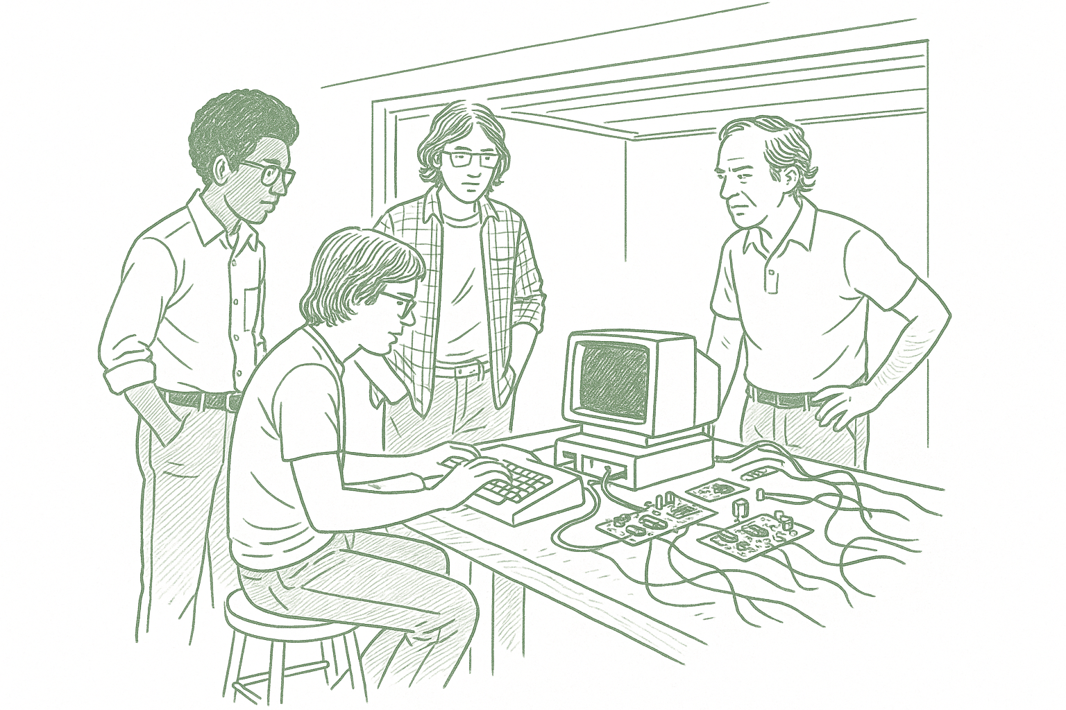 A small group of 1970s computer hobbyists gathered in a suburban garage around a primitive microcomputer — editorial pen illustration
