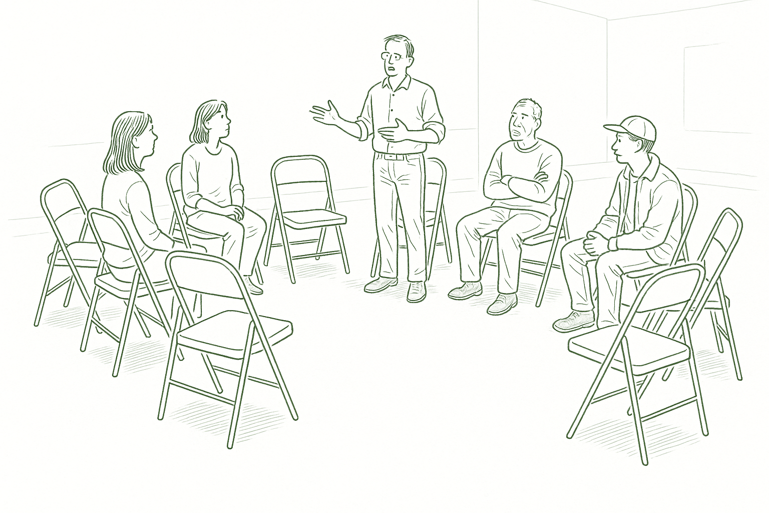 A circle of chairs in a community hall with a few people seated and one standing — the structure of an AA meeting