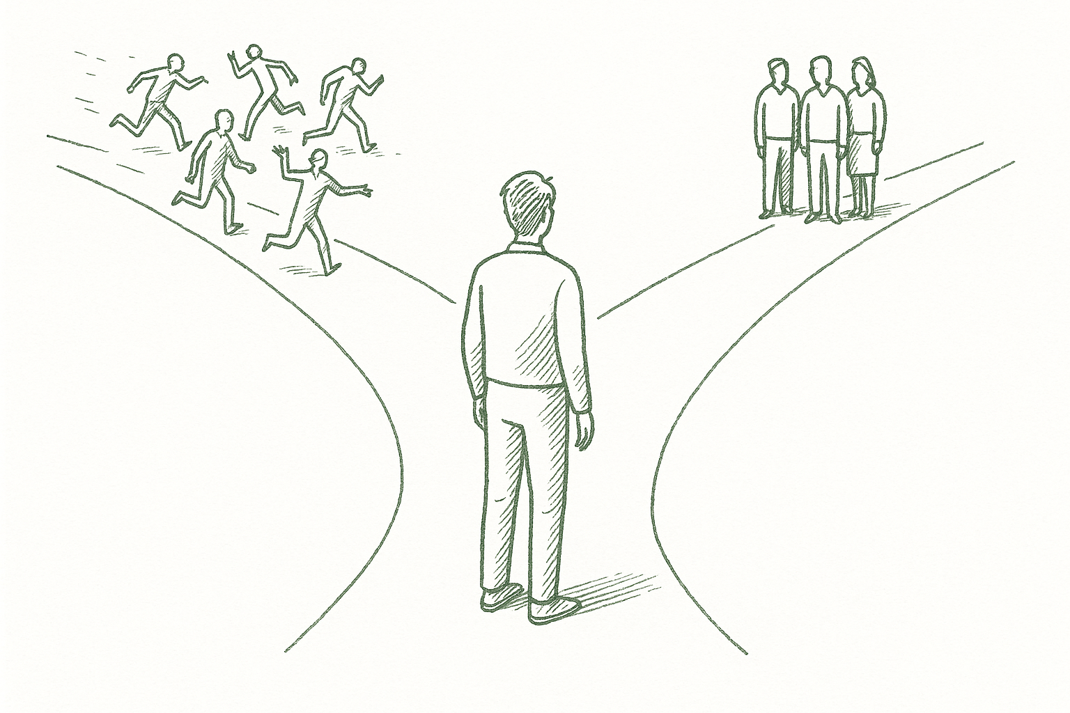 A person at a crossroads choosing between a scattered crowd and a focused tight-knit group — editorial pen illustration