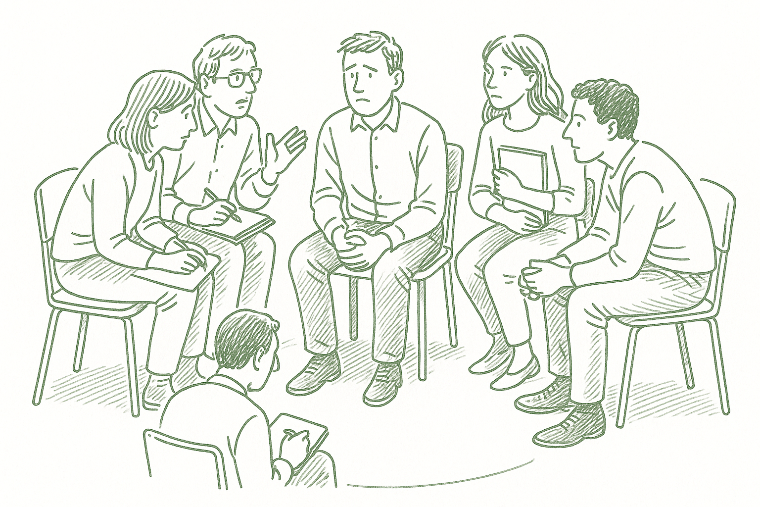 One person seated at the center of a small circle of attentive peers, presenting a problem while others lean in with notebooks — editorial pen illustration in sage green ink
