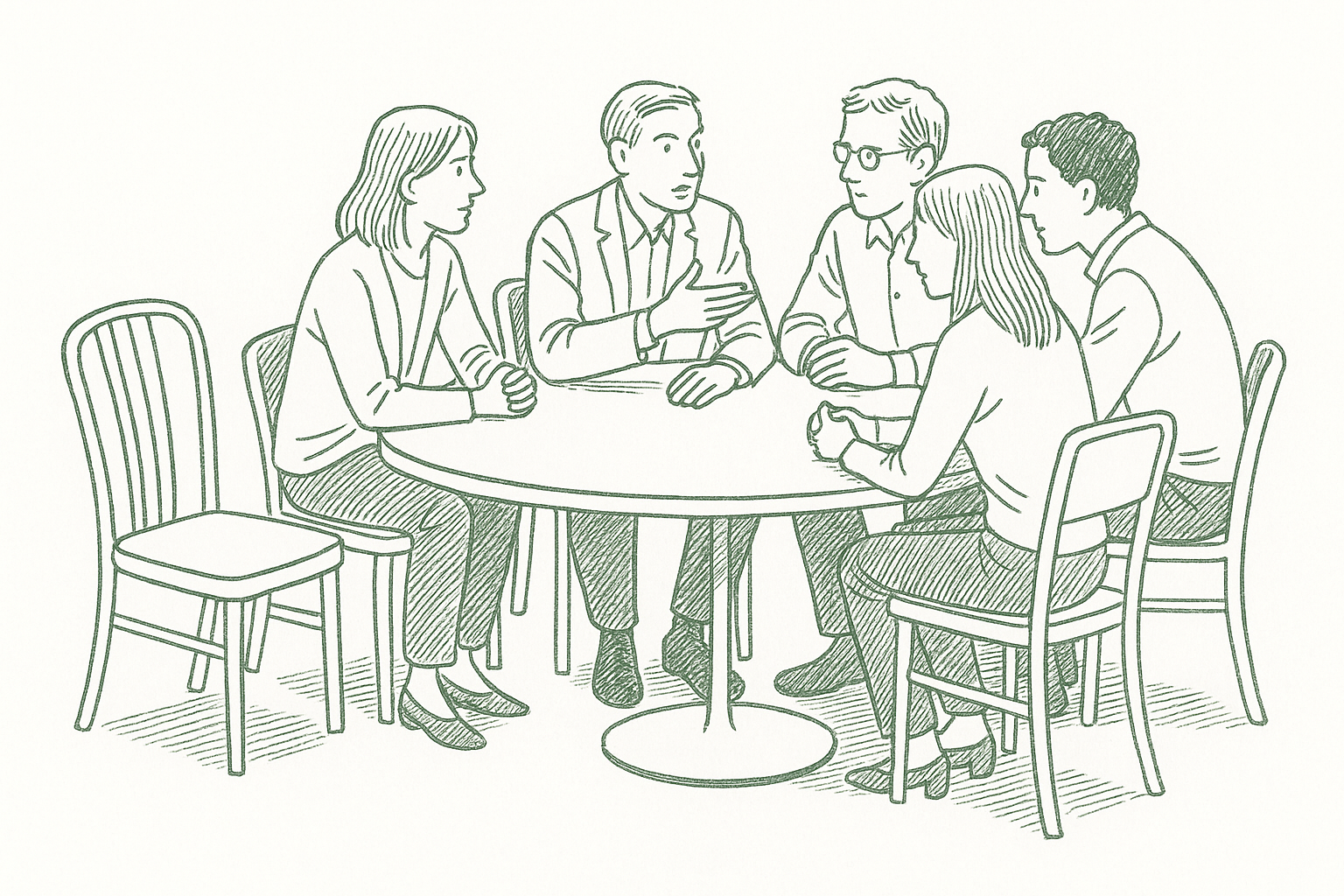 Five people seated around a round table in focused discussion with an empty chair suggesting an open seat — editorial pen illustration in sage green ink