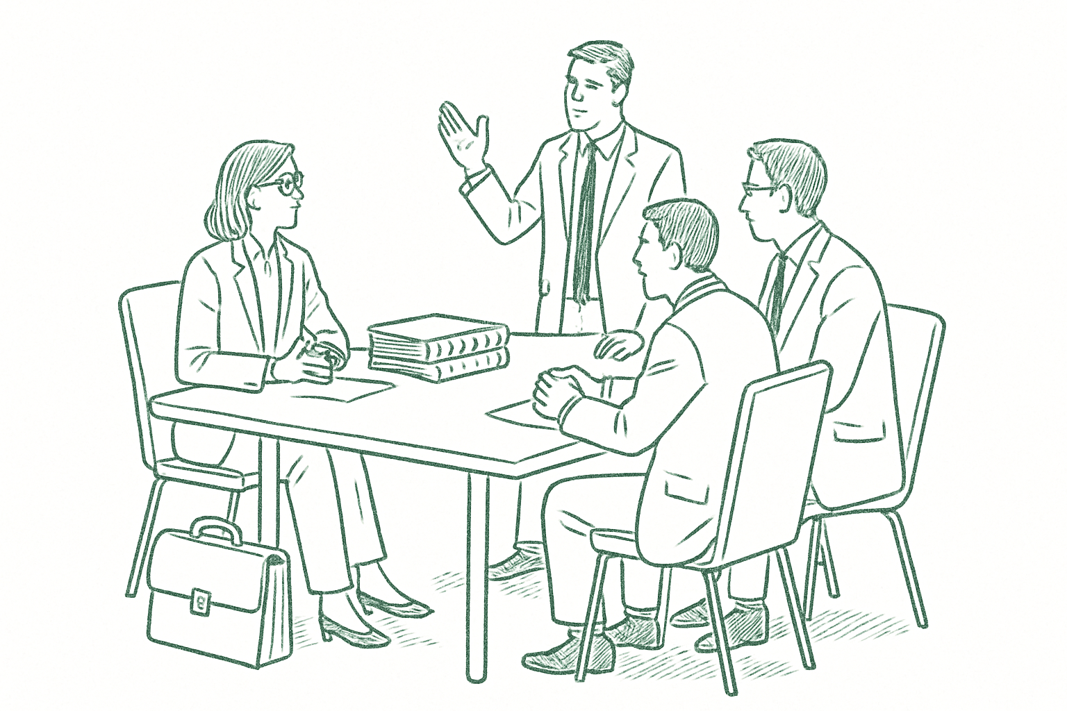 A small group of attorneys in focused peer group discussion around a conference table
