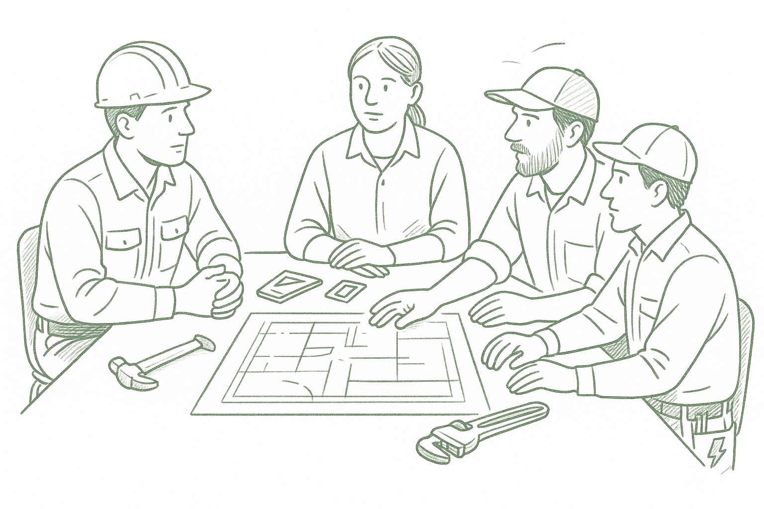 A contractor in a hard hat seated with fellow tradespeople in focused peer group discussion, blueprints on the table