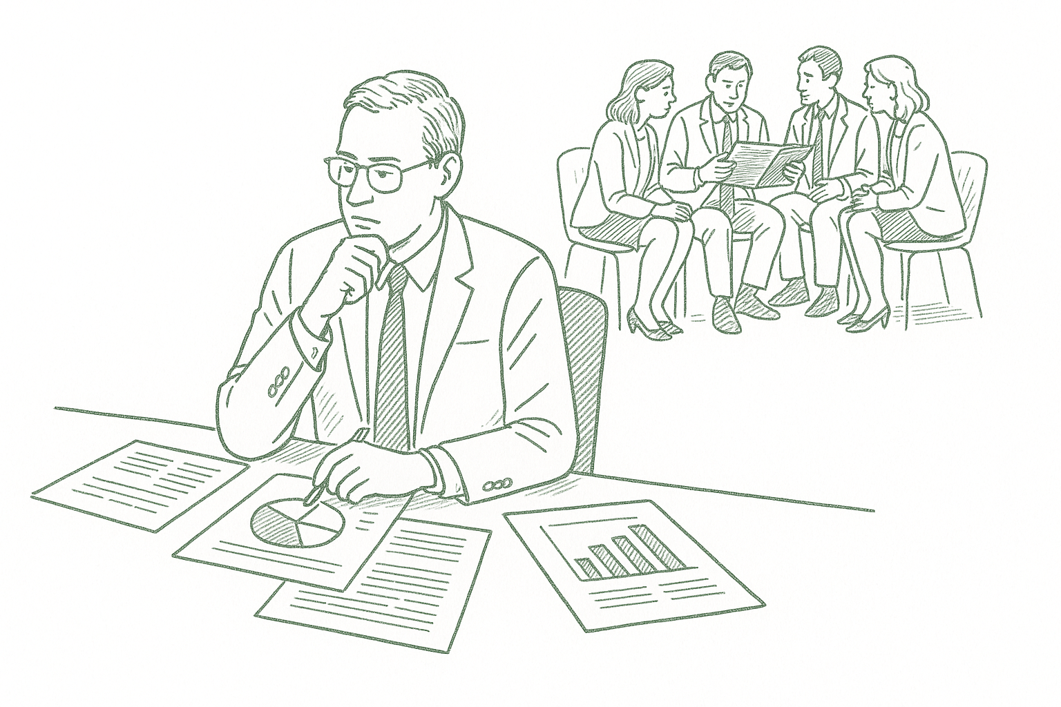 A financial advisor alone at a desk while colleagues gather in productive small group discussion