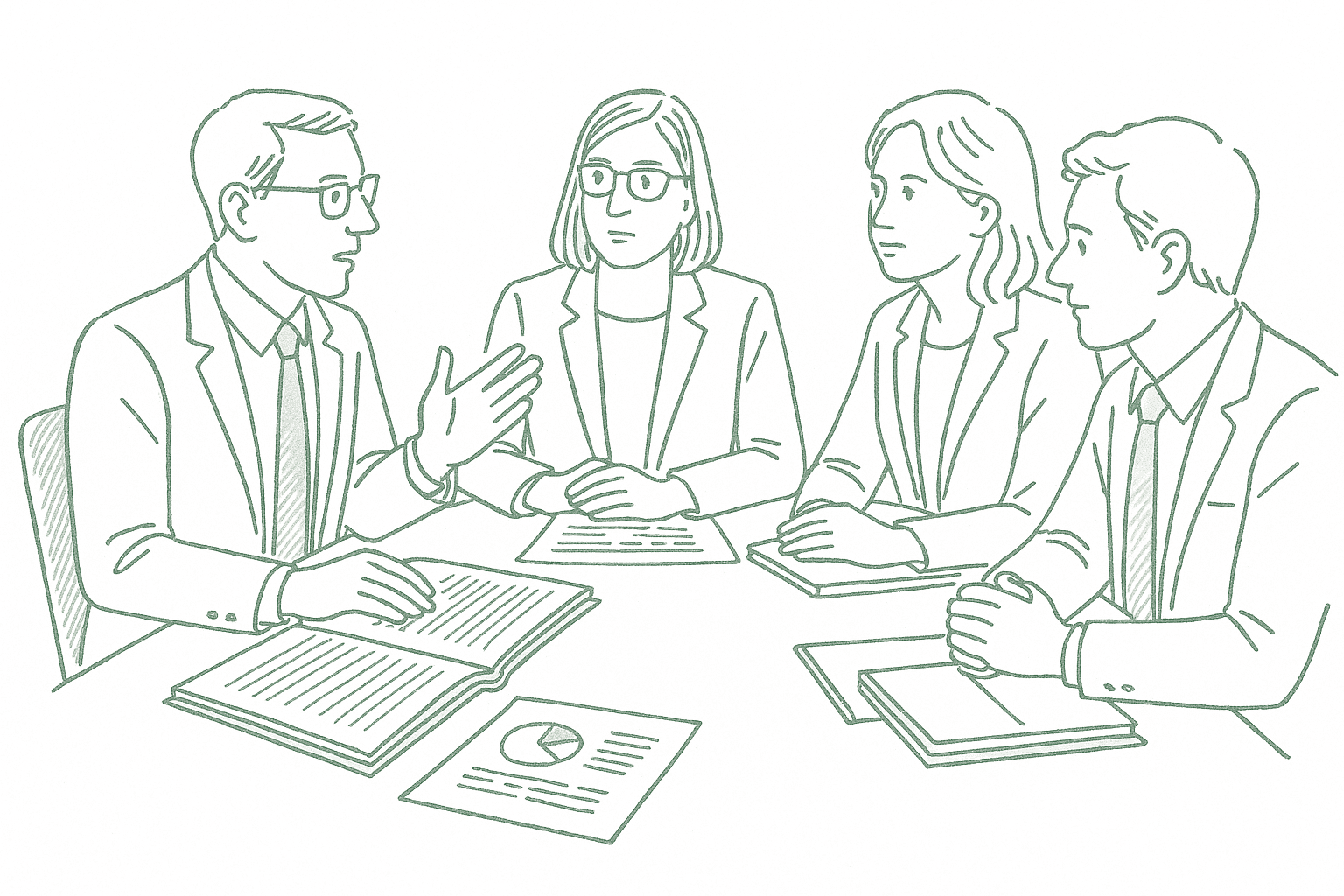 A small group of accountants and CPAs in focused peer discussion around a conference table — editorial pen illustration
