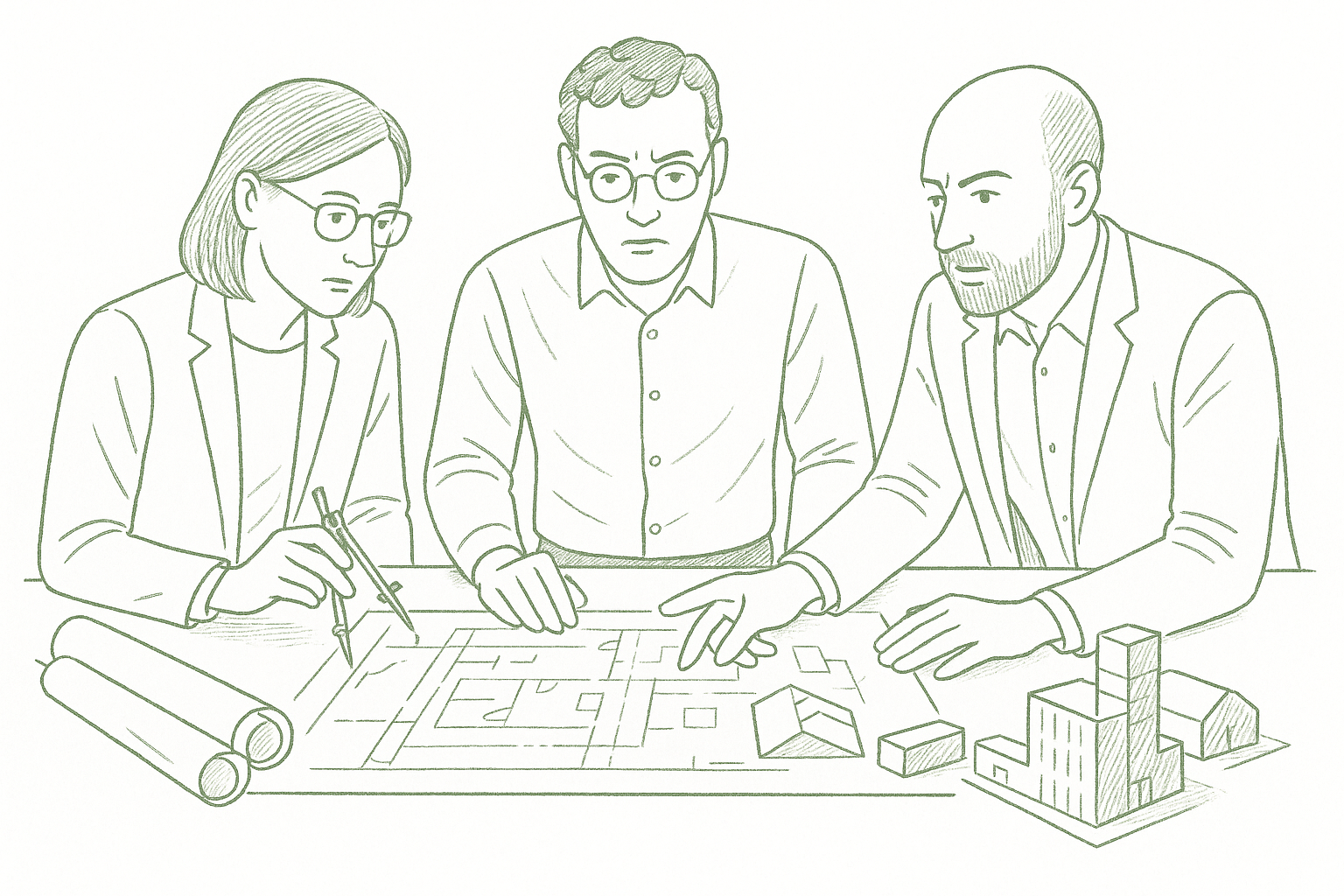 A small group of architects in discussion around a table with blueprints and architectural models — editorial pen illustration in sage green ink