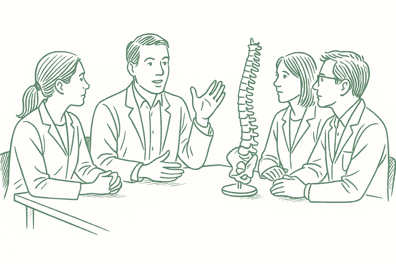 A small group of chiropractors in professional discussion around a table with a spine model — editorial pen illustration in sage green ink