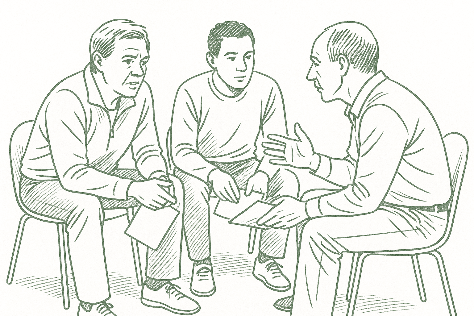 A small circle of coaches in intimate group conversation — editorial pen illustration