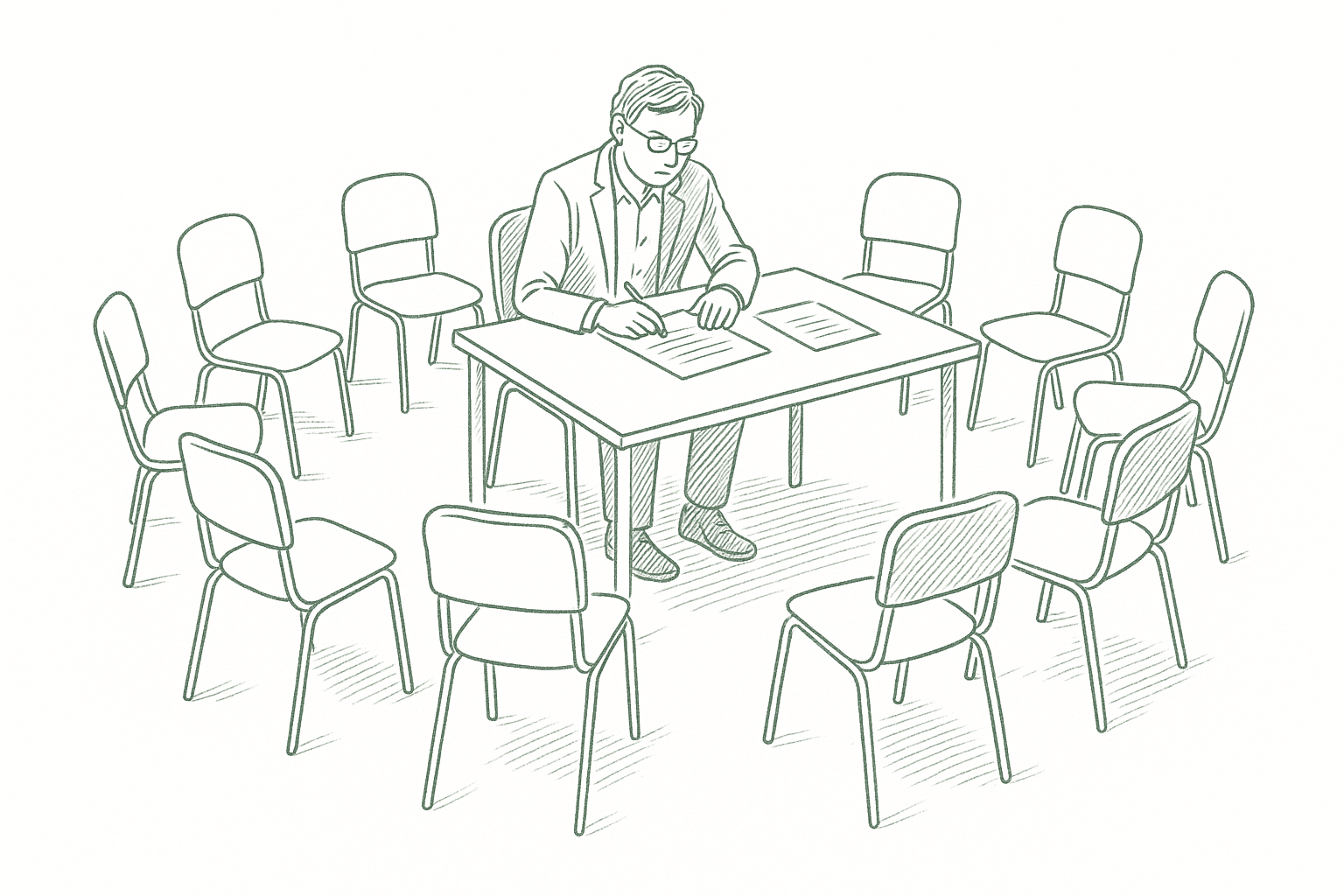 A solo consultant at a desk surrounded by empty chairs — editorial pen illustration