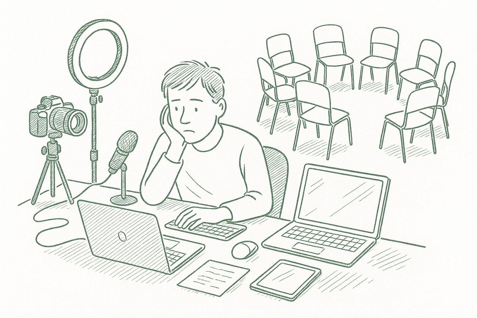 A content creator alone at a desk surrounded by screens and cameras, isolated despite an audience