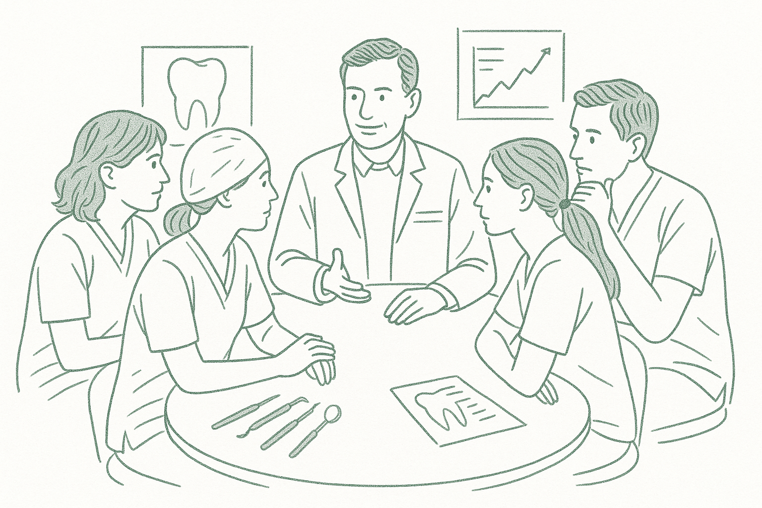 A group of dental professionals sitting together at a round table in discussion — editorial pen illustration in sage green ink