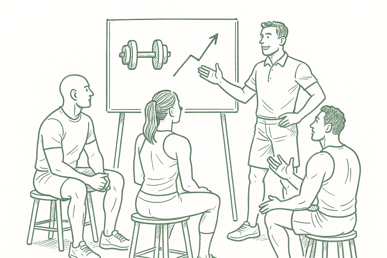 A small group of gym business owners gathered around a whiteboard with a dumbbell and rising graph, having an animated discussion — editorial pen illustration