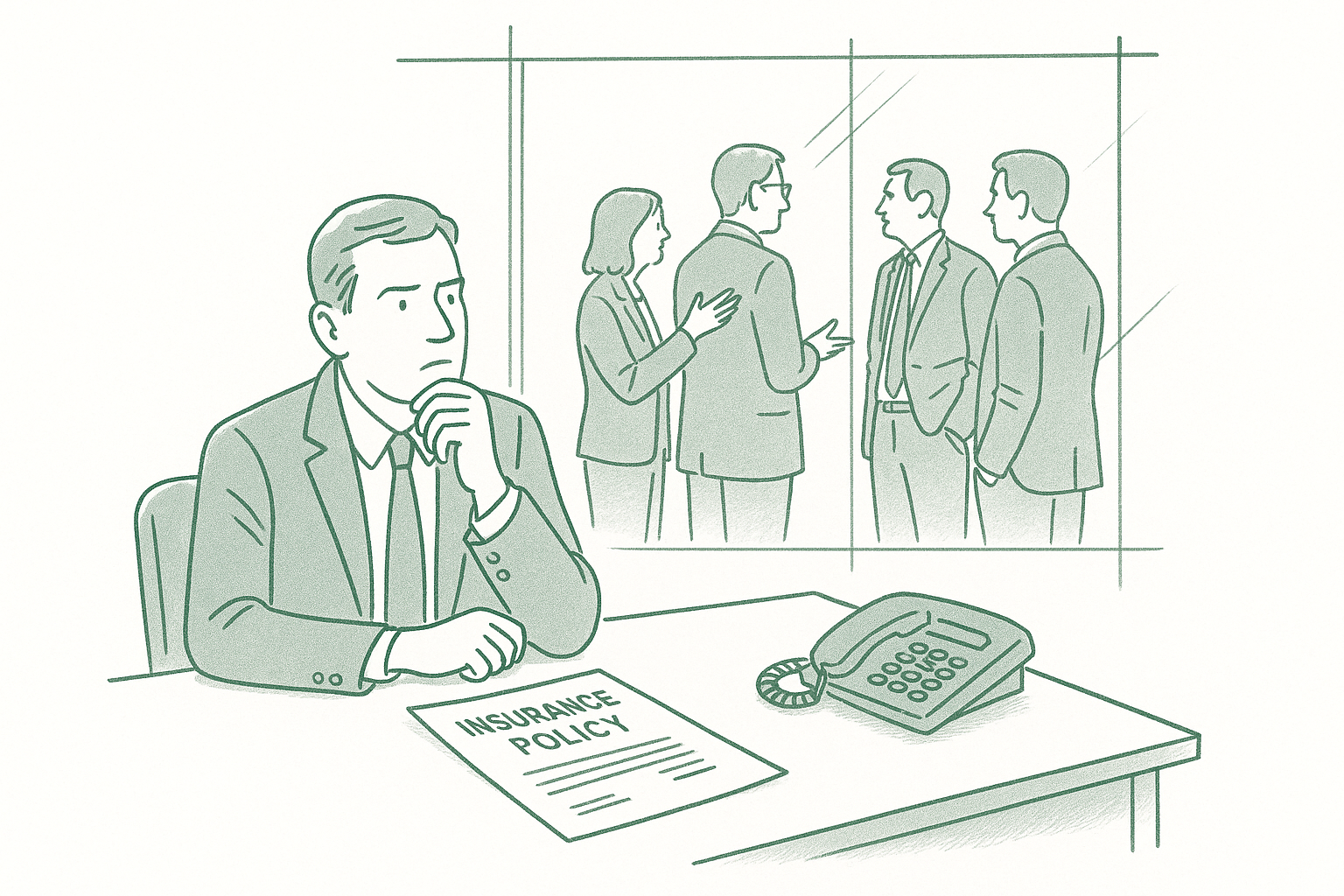 An insurance agent alone at a desk with policy documents, looking at a distant group of agents sharing insights — editorial pen illustration