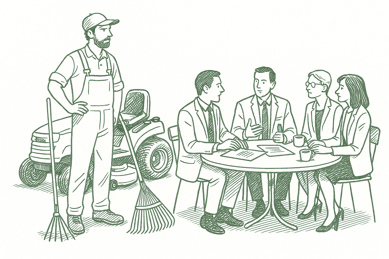 A landscaper standing near equipment meeting with a small group of business professionals at a table — editorial pen illustration in sage green ink
