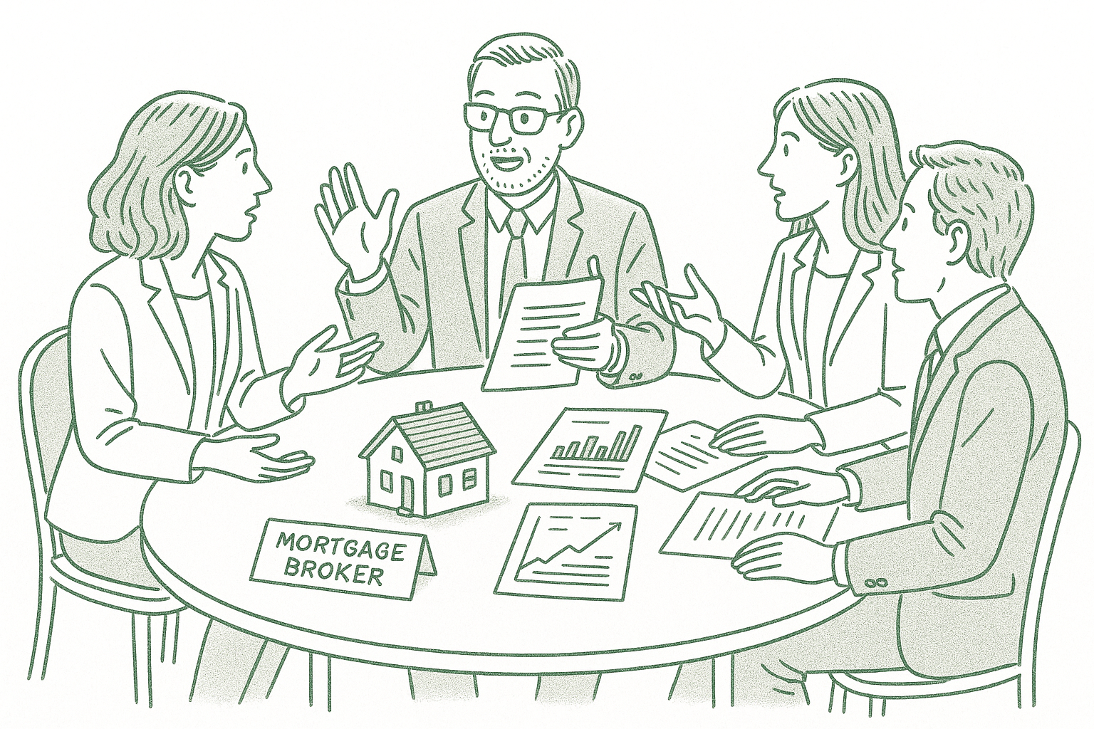 A mortgage broker in discussion with peers around a table, reviewing documents with a house model visible — editorial pen illustration in sage green ink