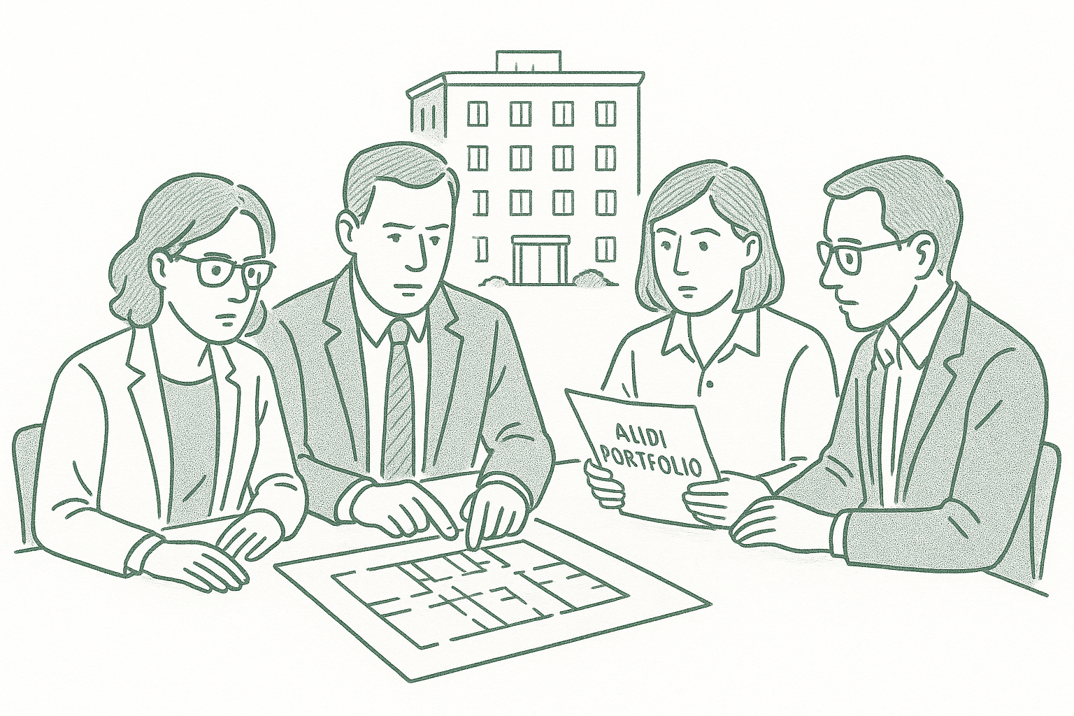 A small group of property managers gathered around a conference table examining building plans and portfolio documents — editorial pen illustration