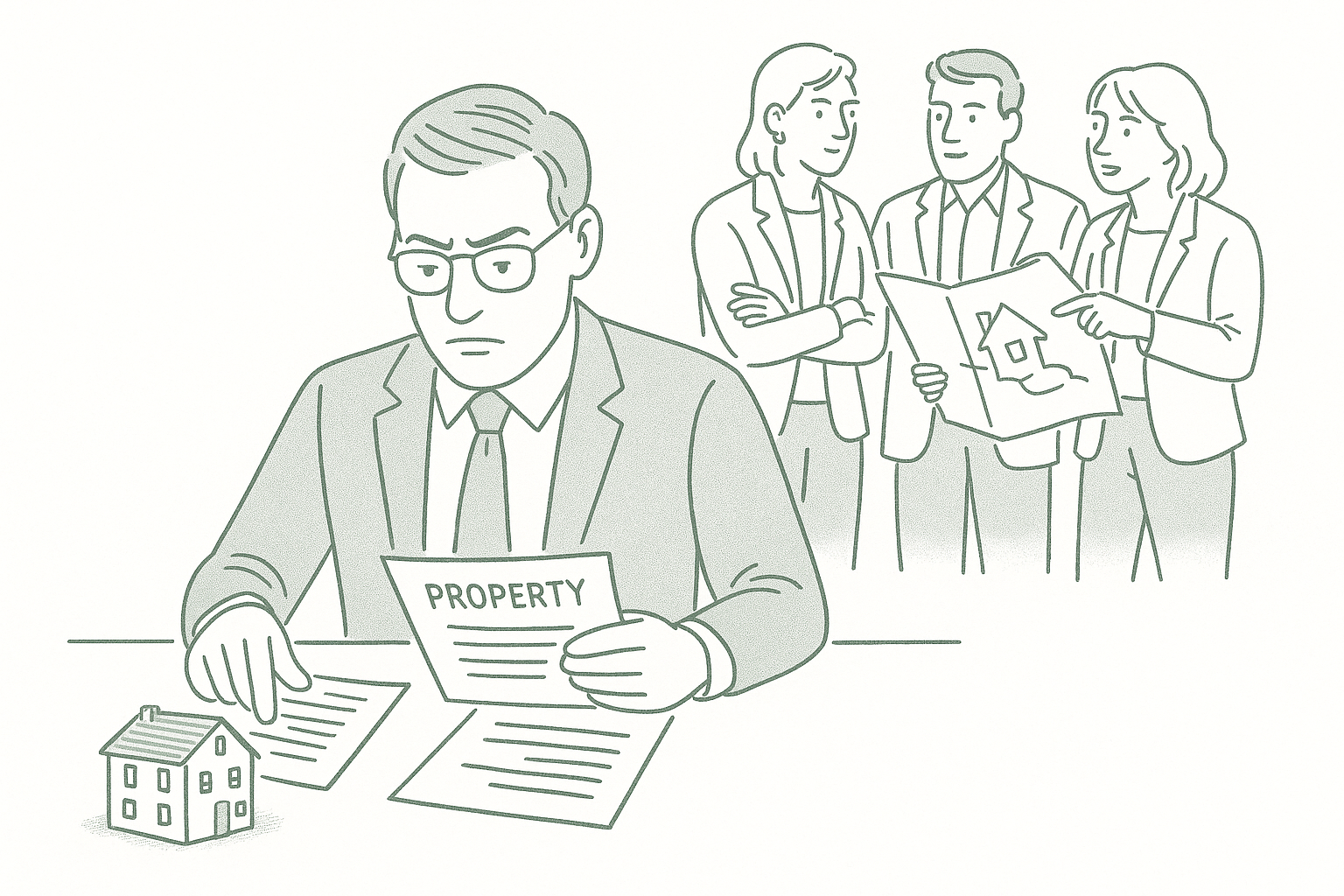 A real estate investor studying property documents at a table with a small group of fellow investors sharing insights — editorial pen illustration