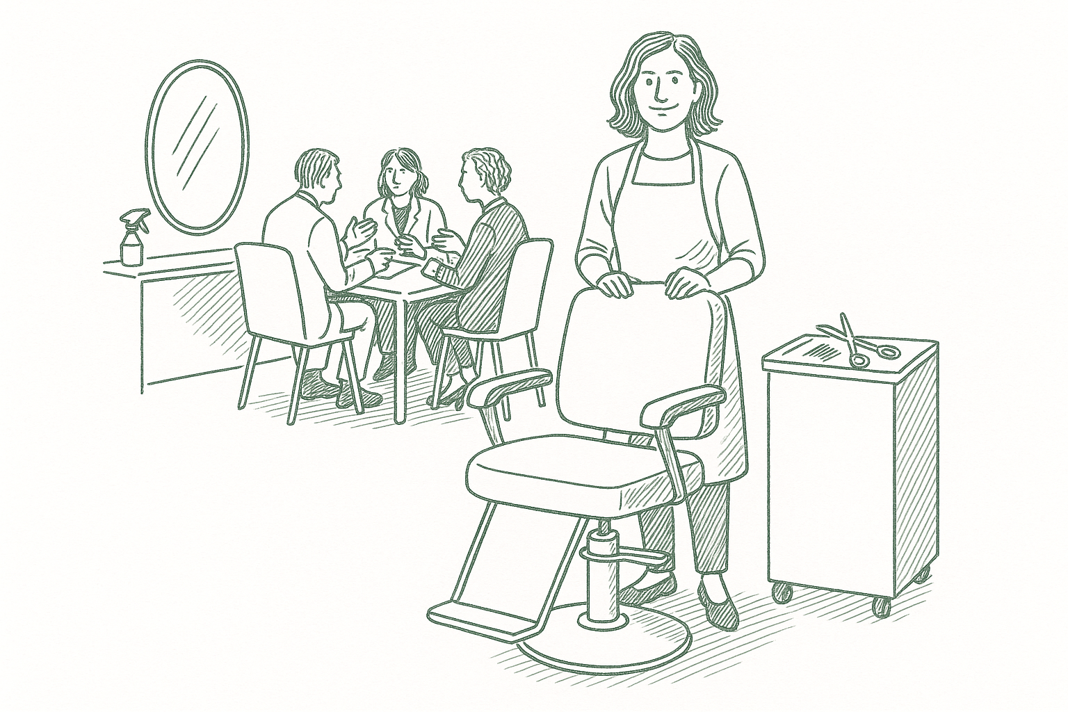 A salon owner standing near a styling chair with a small group of peers gathered at a table in focused business discussion — editorial pen illustration in sage green ink