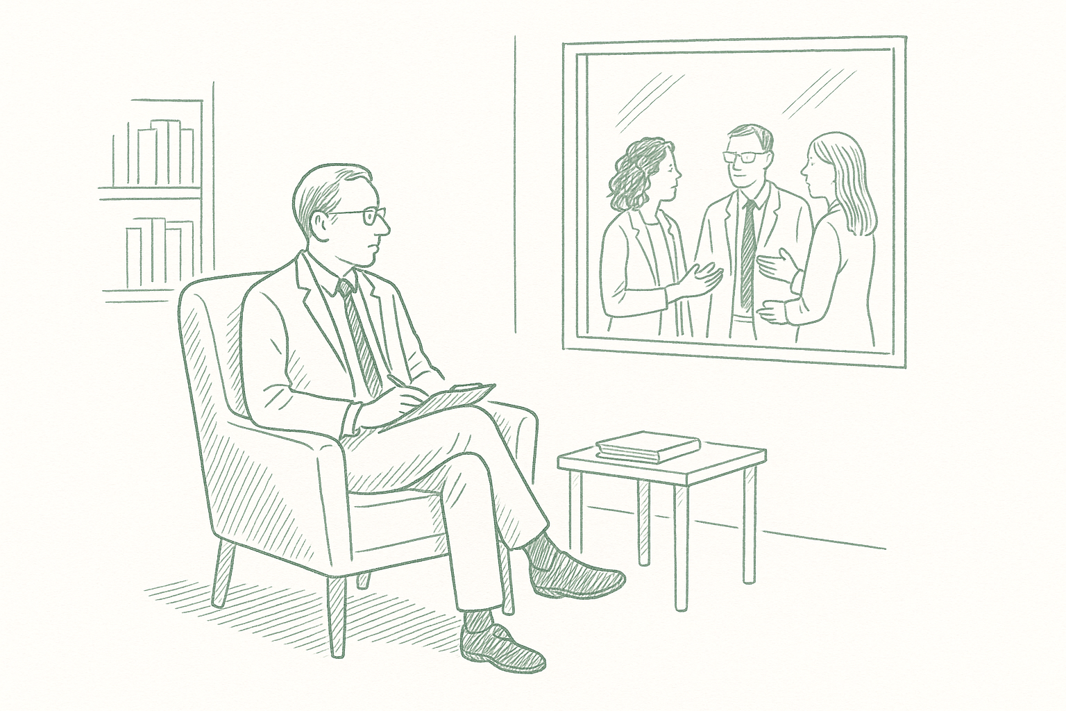 A therapist sitting alone in an empty office while a small group of professionals converse through a window — editorial pen illustration