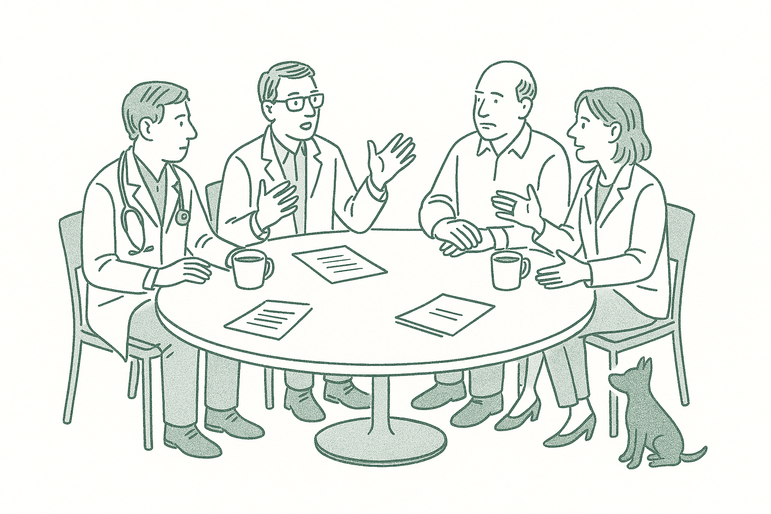 A group of veterinary practice owners gathered at a round table in discussion, with a stethoscope and small dog silhouette nearby — editorial pen illustration