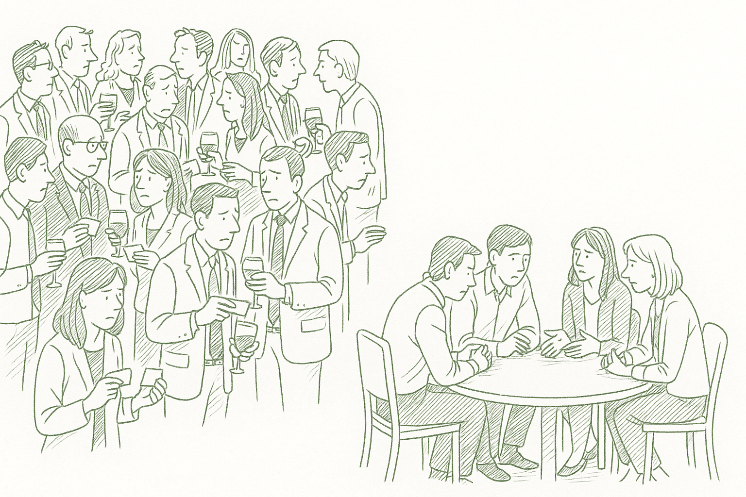 A crowded networking event contrasted with a small intimate peer group in deep discussion