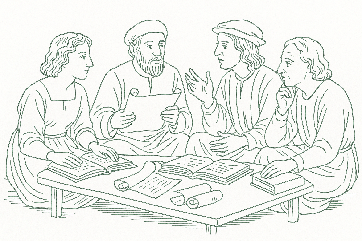 A small circle of Renaissance scholars and artists gathered at a Florentine villa in deep intellectual conversation — pen illustration style