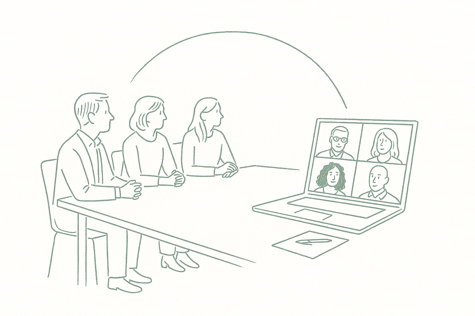 Two groups meeting — one around a physical table, one on a laptop video call grid — editorial pen illustration in sage green ink