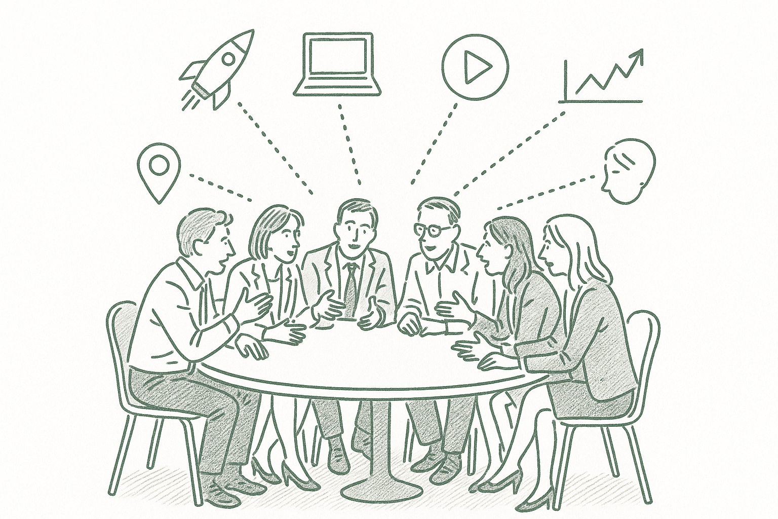 A group of figures gathered around a table with lines connecting them to various enterprises