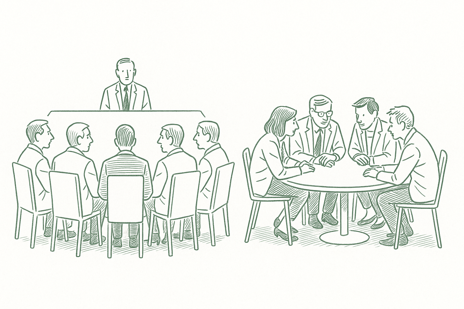 Two contrasting tables: a formal advisory board arrangement with one leader and seated experts, next to a small round table where five peers sit as equals — editorial pen illustration in sage green ink