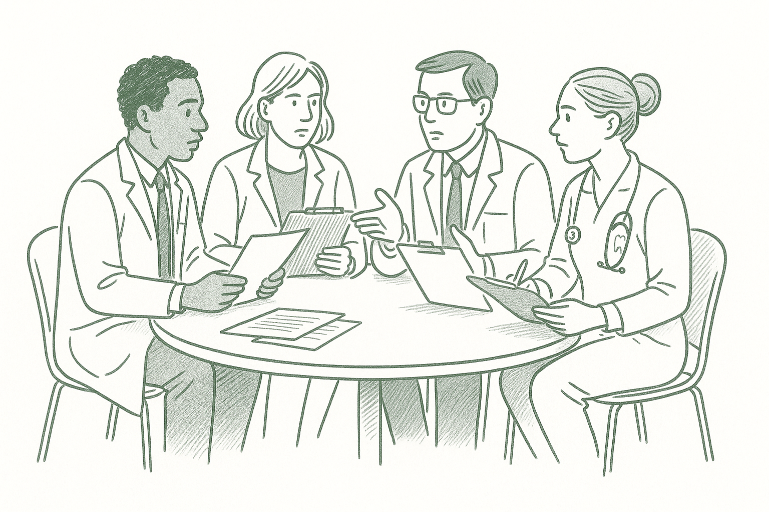 A small group of healthcare professionals in focused peer group discussion